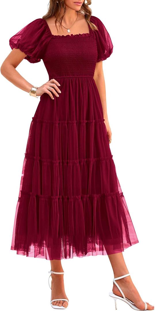 PRETTYGARDEN Women's Smocked Midi Tulle Dress 2026 Summer Puffy Short Sleeve Square Neck Ruffle Wedding Guest Party Dresses (X-Large, Wine Red)