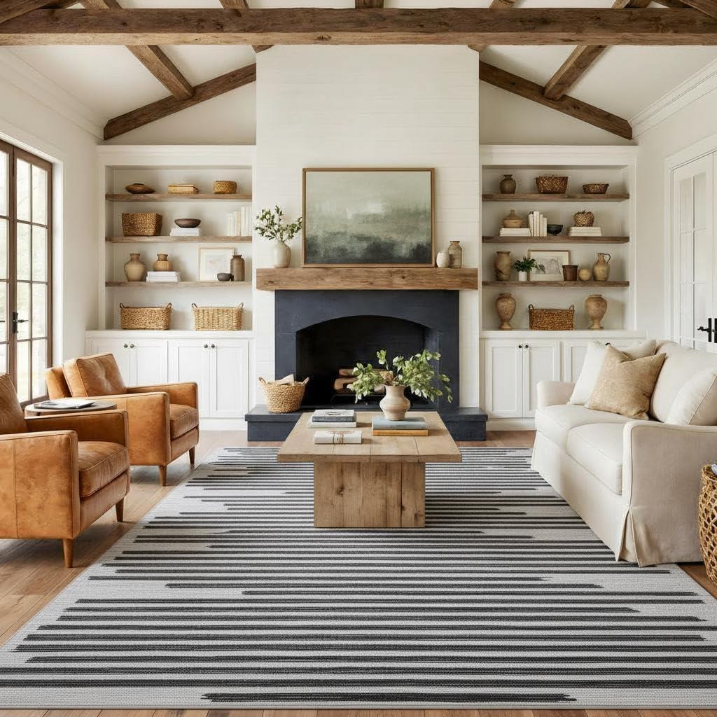 GarveeHome 8x10 Washable Low PileArea Rugs for Bedroom Living Room Kitchen Modern Striped Minimalist Non Slip Stain Resistant Soft Indoor Carpet for Dining Room Guest Room Home Office, Beige Black