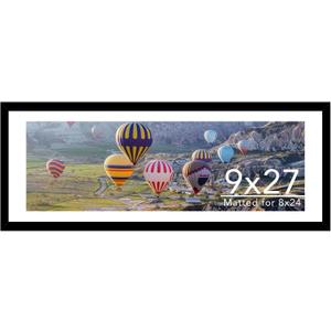 JCJMY 9x27 Picture Frame with 8x24 Mat, Display Photo 8x24 with Mat or 9 x 27 Without Mat, Wall Hanging Large 9 by 27 Poster Frame with Plexiglass, Black