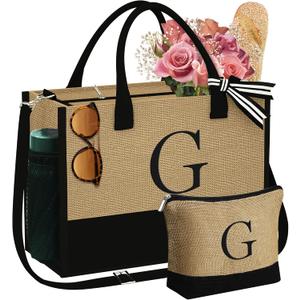 YOOLIFE Mothers Day Gifts for Women - Initial Jute Tote Bag & Makeup Bag, Birthday Gifts for Women Mom Wife Teacher Friend