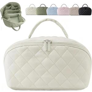 Makeup Travel Bag, Makeup Bag for Woman, Wide-Open Lay-Flat Cosmetic Bags, Large Capacity Water-Resistant Toiletry Organizer with Compartments, 180 Open Travel Makeup Case (Write)
