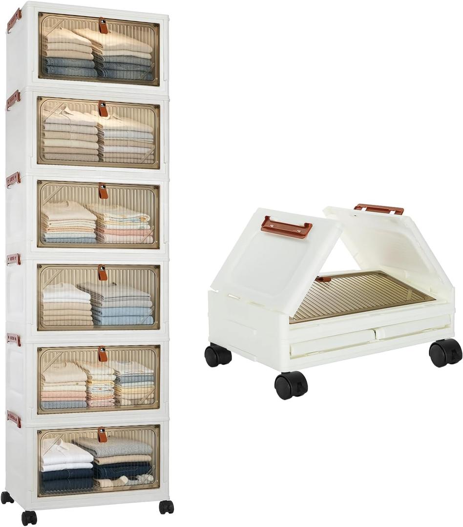 6 Shelf Weekly Clothes Organizer for Kids with Rolling Wheels, Foldable Days of the Week Storage Bin with Monday to Weekend School Morning Routine Cloth Organizer for Child