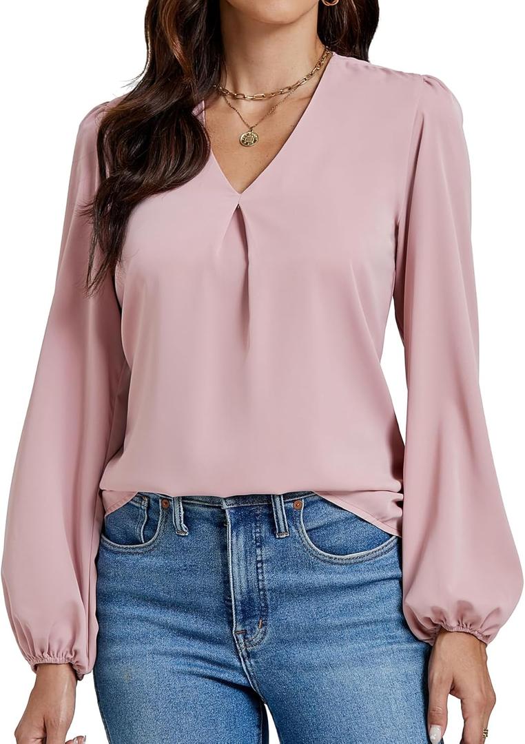 LYANER Women's V-Neck Long Sleeve Solid Tee Shirt Blouse Top (Medium, Pink)