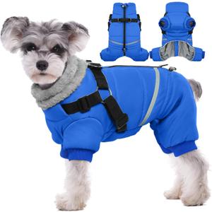 BRKURLEG Blue Dog Winter Coat, Cozy Winter Dog Jackets, Dogs Coat with Harness, Onesie Body Warm Puppy Christmas Jacket, Pet Reflective Cold Weather Jackets, Puppy Four-Legged Puffer Coats, Large