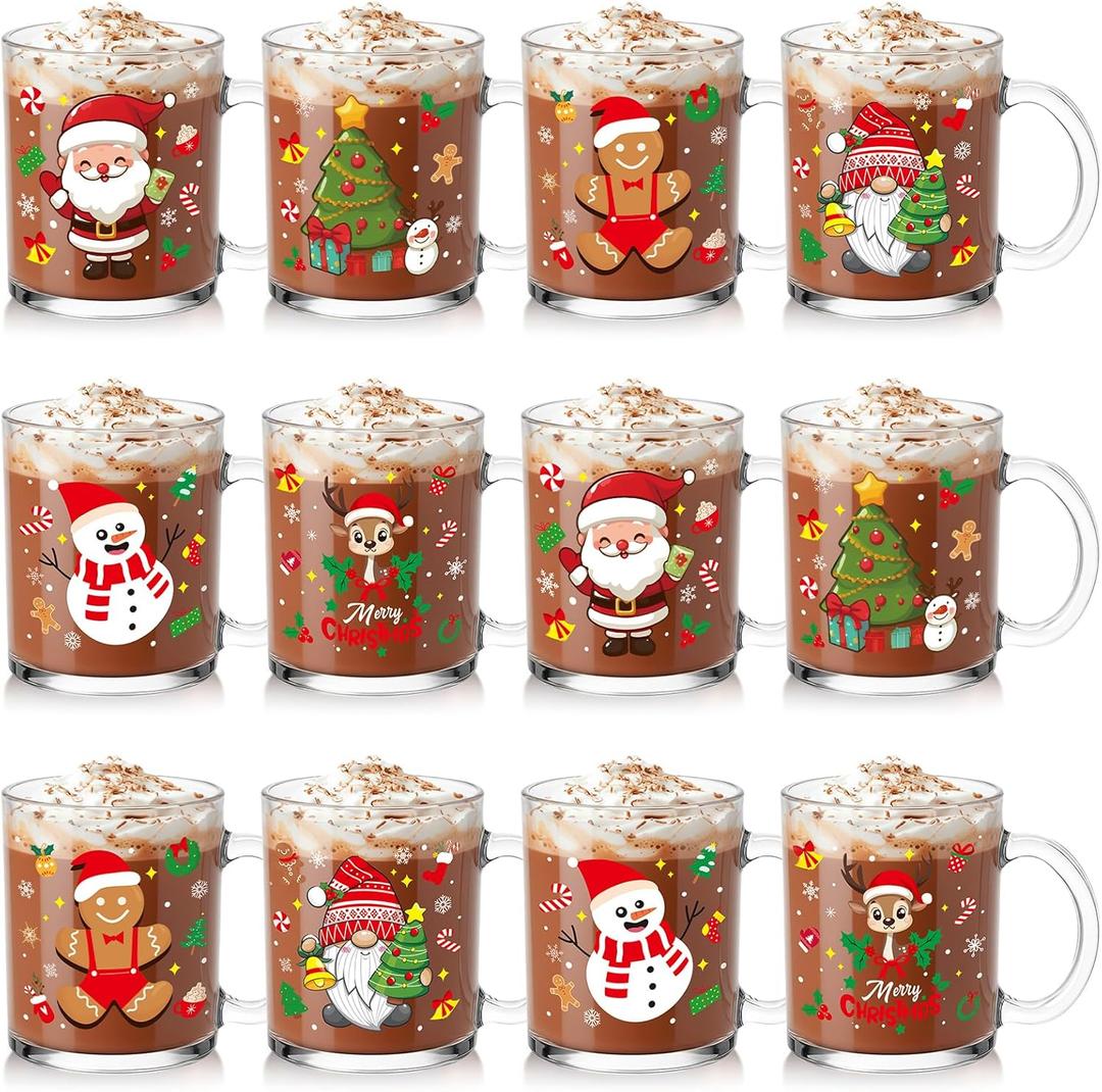 Baderke 12 Pcs Christmas Glass Mugs Set 12 oz Christmas Coffee Mugs with Handle Snowman Snowflake Coffee Cup Xmas Tree Santa Claus Cup for Hot Chocolate Women Men Gift (Xmas)