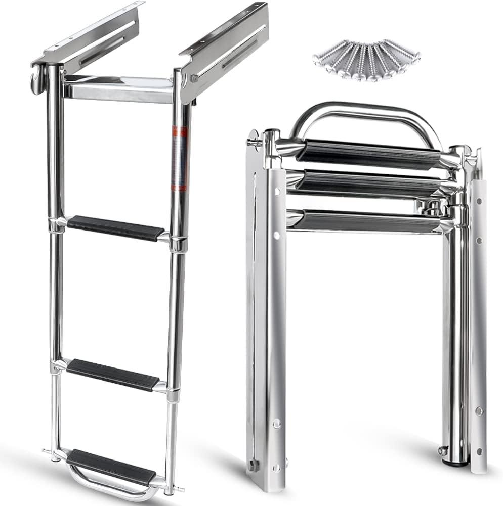 Marinebaby 3-4 Step Ladder Under Platform Slide Mount Boat Boarding Ladder, Telescoping Ladder with a Carry Handle and Mounting Screws, Press-Type Spring Latch (3 Steps)