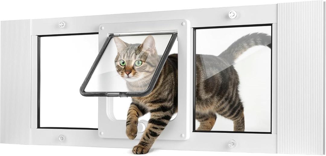 Slevoo Cat Door for Window, 10-Min No-Cut Installation, Adjustable Width of 23"-28", Upgraded 4-Mode Knob Lock, Weatherproof Aluminum Frame Cat Door Window Insert for Cats & Small Dogs