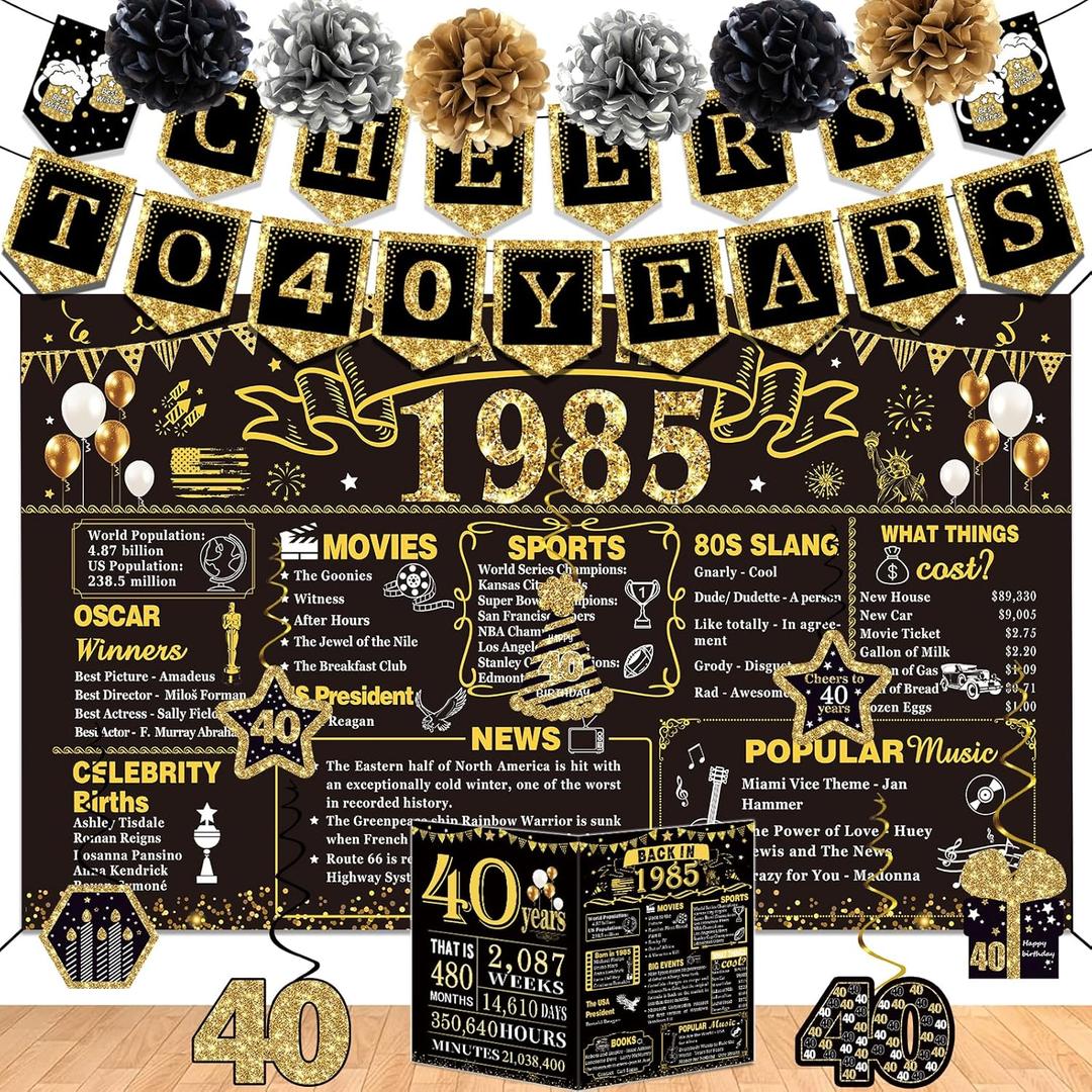 40th Birthday Decorations for Men Women, 16PCS Back in 1985 Party Banner Decorations, Including Vintage Backdrop, Cheers to 40 Years Banner, 7 Hanging Swirl, Poster Anniversary Card, 6 Paper Poms