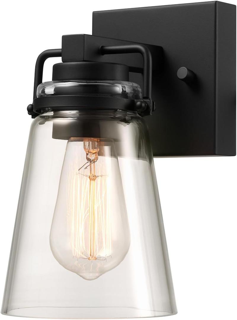 Globe Electric 60000174 1-Light Dusk to Dawn Outdoor Wall Sconce, Matte Black, Clear Glass Shade, E26 Bulb, Weather Resistant