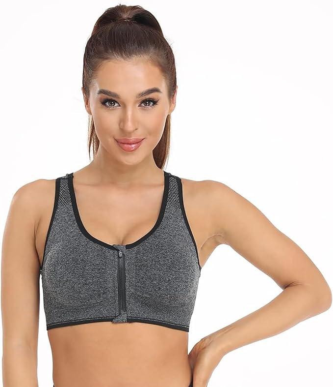 Women's Zip Front Sports Bra Wireless Post-Surgery Bra Active Yoga Sports Bras (X-Large, grey/beige-2 Pack)