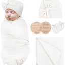 Newborn Receiving Blanket with Bow Hat Mittens Wooden Card Set Newborns Toddler Baby Boy Girl Nursery Swaddle Wrap