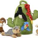 Plush Cactus Desert Animal House with Animals - Six (6) Stuffed Desert Animals (Snake, Lizard, Bighorn Sheep, Coyote, Prairie Dog, Roadrunner) in Play Cactus Carrying House