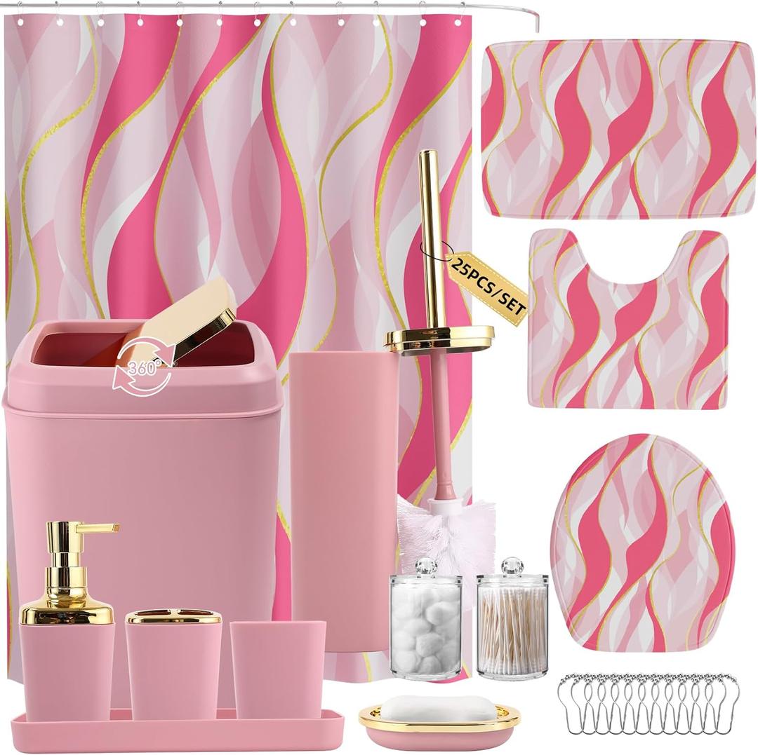 Bathroom Set - Pink and Gold Bathroom Accessories, Bathroom Sets with Shower Curtain and Rugs, Pink Shower Curtain Set with Bathroom Trash Can, Soap Dispenser, Soap Dish for Home Decor