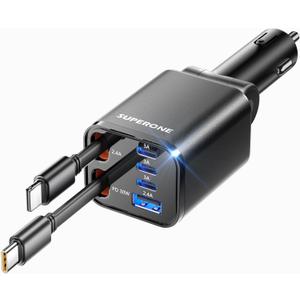 Retractable Car Charger, SUPERONE 99W Car Phone Charger with Cables Fast Charging, USB C Car Charger Adapter for iPhone 17 16 15 14 13 12, Samsung, Black