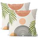 Boho Pillow Covers 18x18 Set of 2, Mid Century Green Leaf Farmhouse Decorations Outdoor Throw Pillow Covers Modern Tropical Bohemian Sunset Decorative Linen Cushion Case for Couch Sofa Home