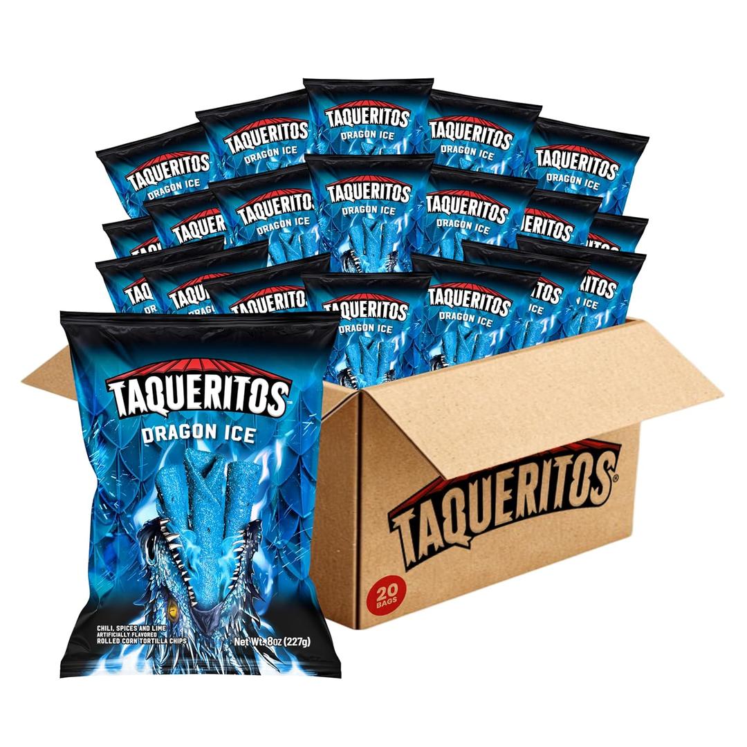 Taqueritos Dragon Ice, Spicy Rolled Corn Tortilla Chips, 8oz, BB: Feb/24/2026( Pack of 20)