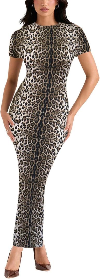 Women's Summer Bodycon Maxi Dress - Short Sleeve Slit Going Out Club Party Long Pencil Sheath Dresses (Brown, XXXL)