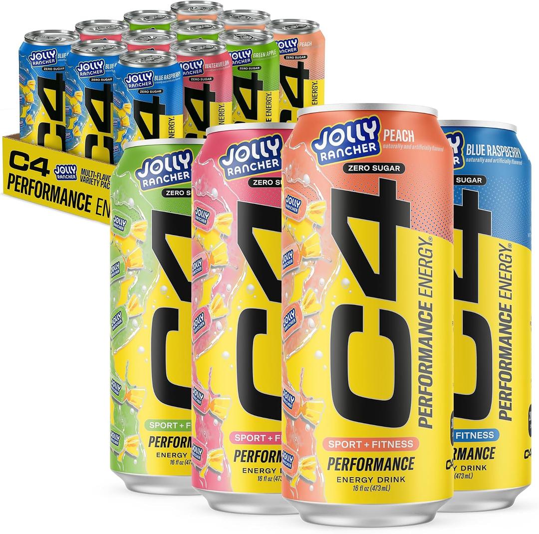 C4 Performance Energy Drink, Jolly Rancher Variety Pack, Zero Sugar Carbonated Preworkout Energy, 200mg Caffeine with Beta Alanine, 16 Fl Oz (12 Pack) (EXP 08/10/26)