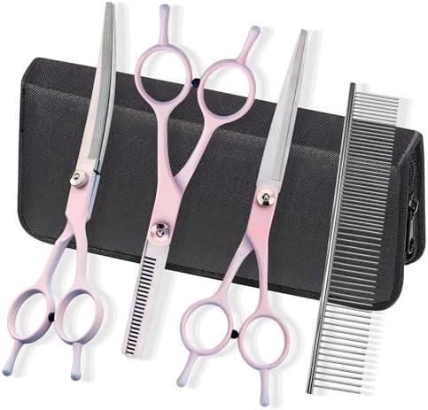Dog Grooming Scissors Kit, Fcysy Professional Dog Trimming Scissors Set, Hair Cutting Curved Thinning Shears for Pet Cat at Home, Pet Grooming Supplies