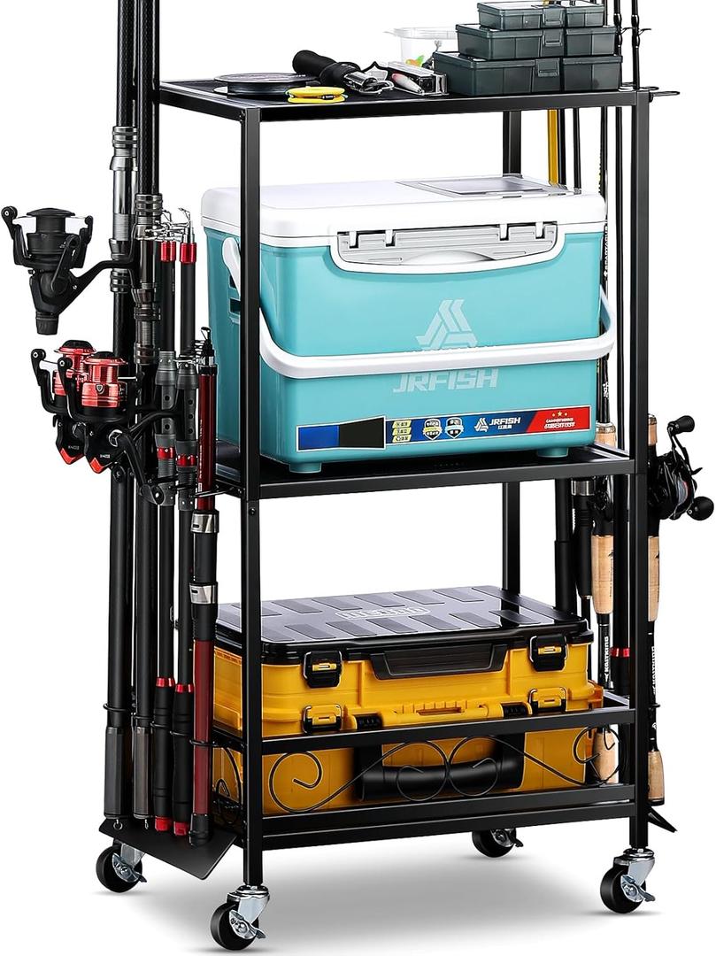 Fishing Rod Holder - Fishing Pole Rack for 10 Rods - Adjustable Height Fishing Gear Equipment Organizer Storage Solution for Garage Basement or Indoor (Small Black)