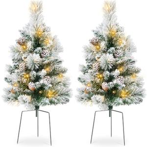 Best Choice Products Set of 2 24.5in Outdoor Flocked Scotch Pine Pathway Christmas Trees, Battery Operated Pre-Lit Holiday Dcor w/LED Lights