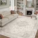 PureCozy Beige Area Rug 8x10 Washable Vintage Carpet for Living Room Bedroom Large Soft Retro Low Pile Thin Indoor Rug Non Slip Oriental Medallion Floor Cover for Dining Room Office