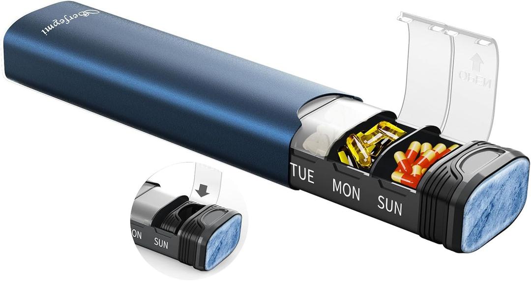 Metal Weekly Pill Organizer, Serfeymi Aluminum Daily Pill Box(Spare Gasket Provided),7 Day Pill Case Travel Medicine Organizer,Pill Containers with Individual Lid for Vitamins,Pills, Supplement-Blue (With Lid 6.5in*2in*1.3in)