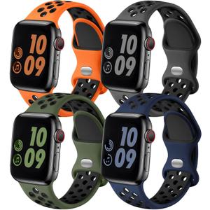 Adorve Compatible with Apple Watch Bands 49mm 46mm 45mm 44mm 42mm 41mm 40mm 38mm for Men Women, Breathable Air Holes Silicone Sport Band for iWatch Ultra 2 SE Series 10 9 8 7 6 5 4 3 2 1,4 Pack, M (Anthracite Black/DarkBlue Black/ArmyGreen Black/OrangeBlack)