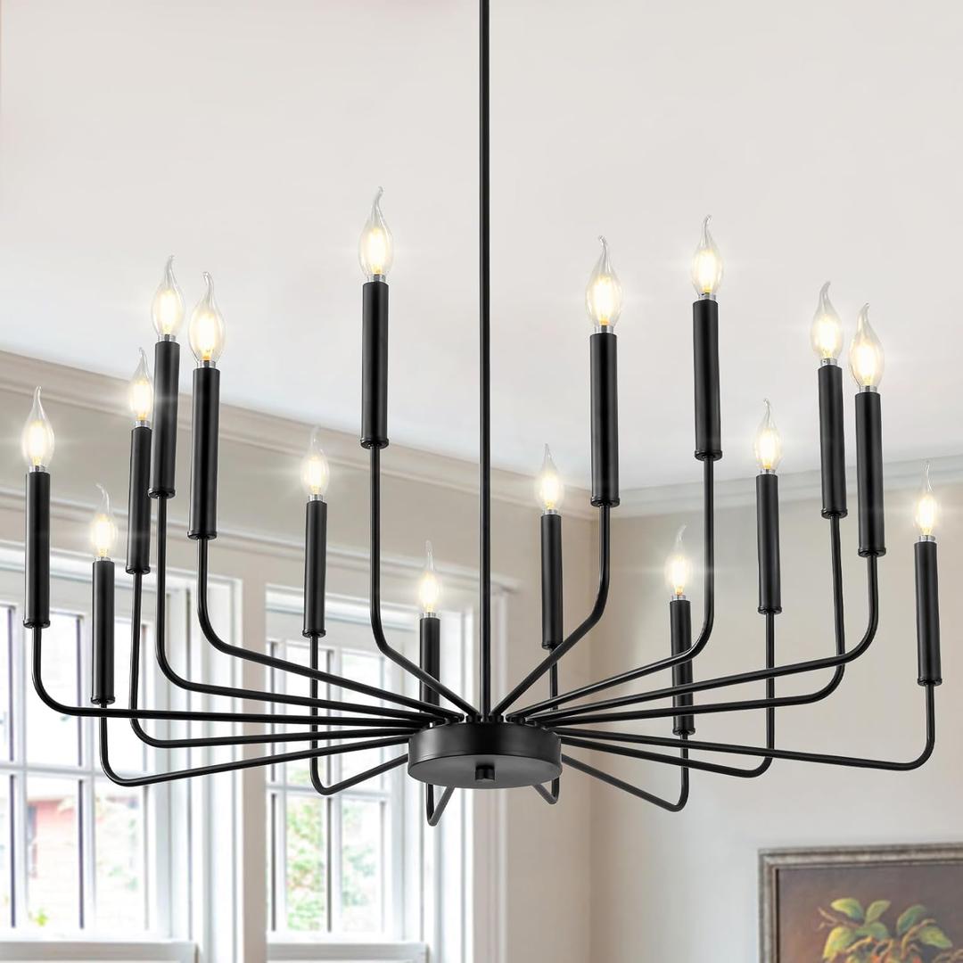 Modern Black Farmhouse Chandeliers, 16-Light Industrial Metal Chandelier Lighting, Classic Candle Hanging Pendant Light Fixtures for Kitchen Island, Living Room, Dining Room, Stair