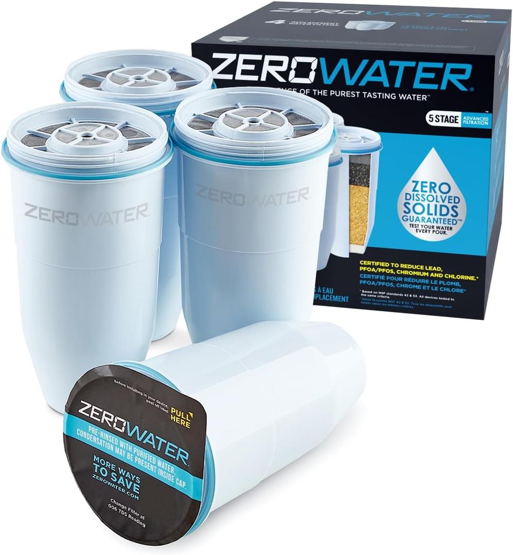 ZeroWater Official 5-Stage Water Filter for Replacement, NSF Certified to Reduce Lead, Other Heavy Metals and PFOA/PFOS, 4-Pack, White