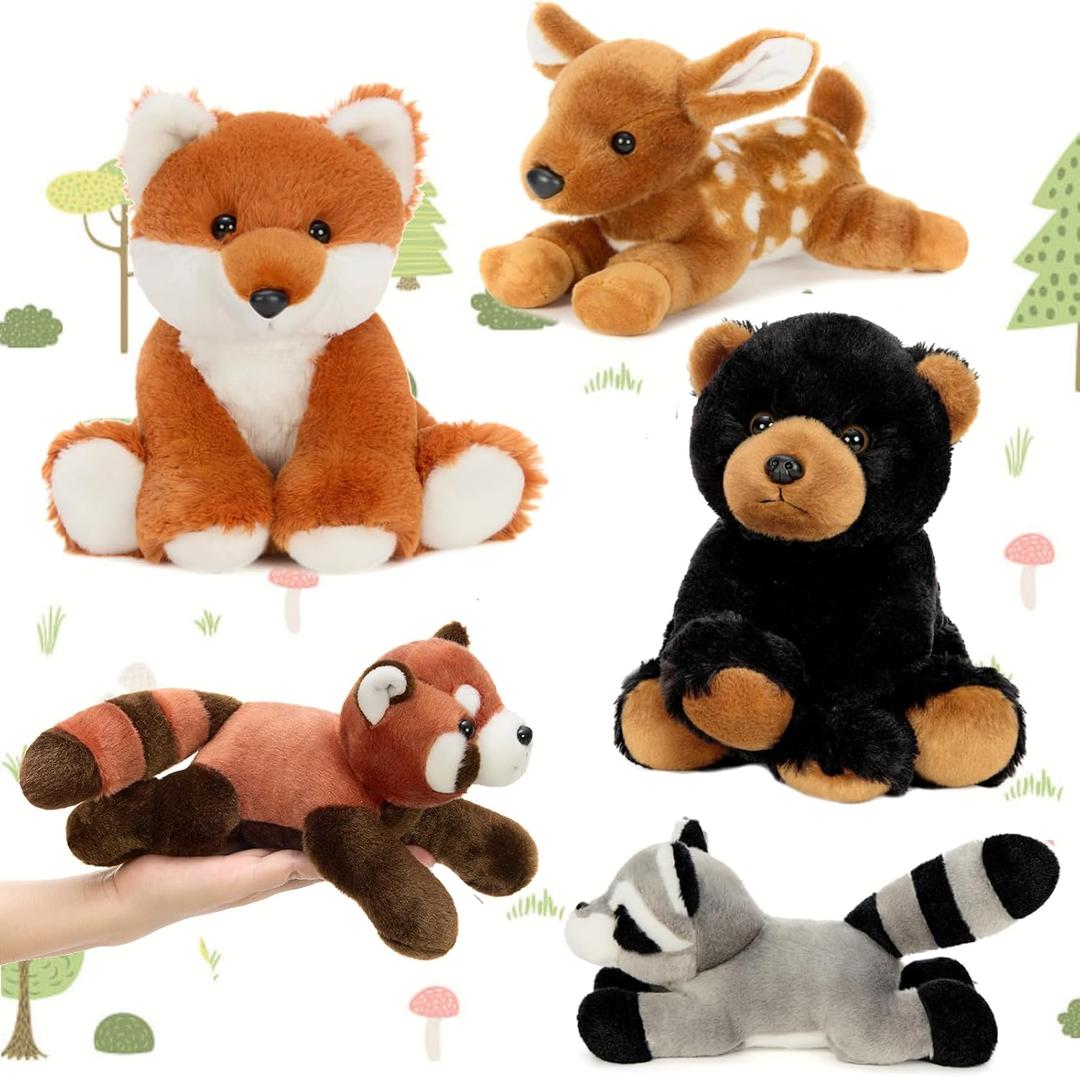 MaoGoLan 5 Pcs Soft Woodland Stuffed Animals Bulk Plush Toys for Girls Kids, 8'' Grizzly Bear Deer Fox Raccoon Red Panda Forest Animal Plushies Set Theme Party Favors Decorations Gifts Christmas