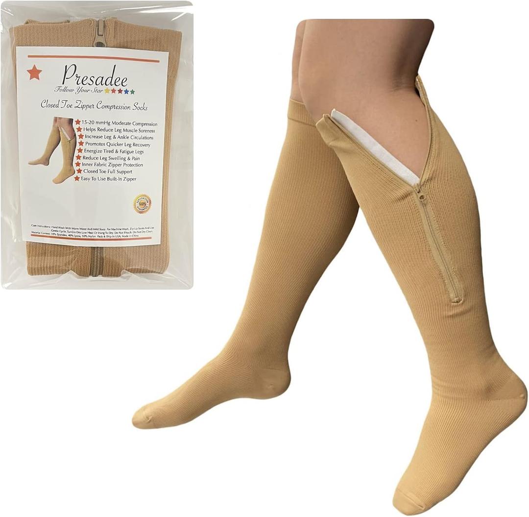 Closed Toe 15-20 mmHg Zipper Moderate Compression Leg Circulation Socks (Beige, S/M)
