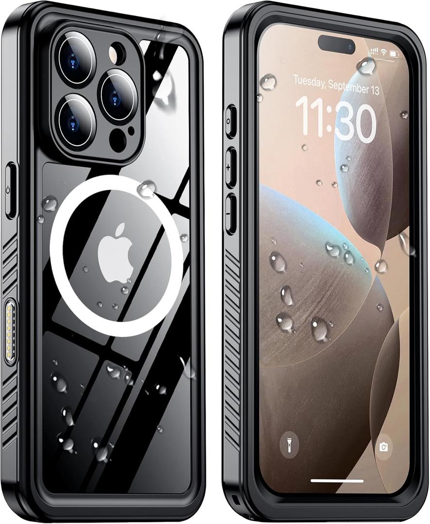Temdan Magnetic for iPhone 16 Pro Max Case Waterproof,Built-in Screen Protector[IP68 Underwater][Upgrade Military Dropproof][Compatible with MagSafe] Full-Body Shockproof Translucent Case 6.9''-Black