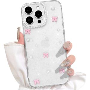 NITITOP Compatible with iPhone 16 Pro Max Case Clear Cute for Women Girls Glitter with 3D Bowknot Pattern Pearl Design Bling Sparkly Protective Phone Cover - Pink