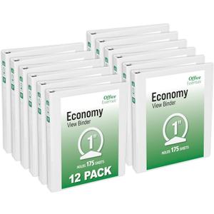 Office Essentials Economy View 3 Ring Binders, 1" Round Rings, 1.4" Spine, 175-Sheet Capacity, White Binders (12-Pack of 03424)