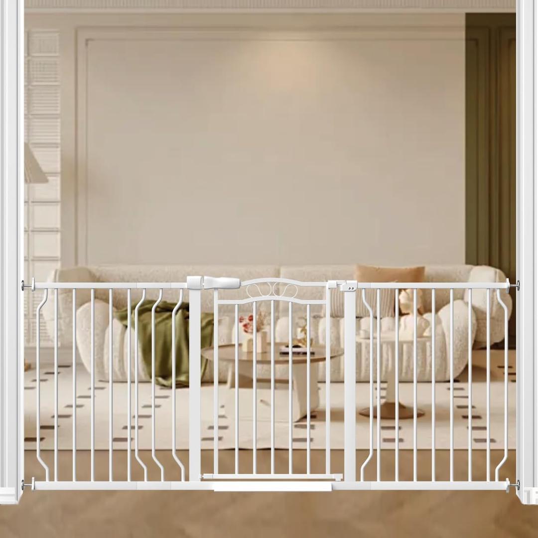 62.5-71.6" Extra Wide Baby Gate for Stairs No Drilling, 30" Tall Auto Close Press Mounted Dog Gates for Doorways, Adjustable Width Walk Through Long Gates for Kids or Pets, White