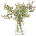 Artificial Eucalyptus Stems in Glass Vase with Faux Water,6Pcs Fake Plant Grey-Orange Eucalyptus for Centerpiece (Grey-Orange Eucalyptus)