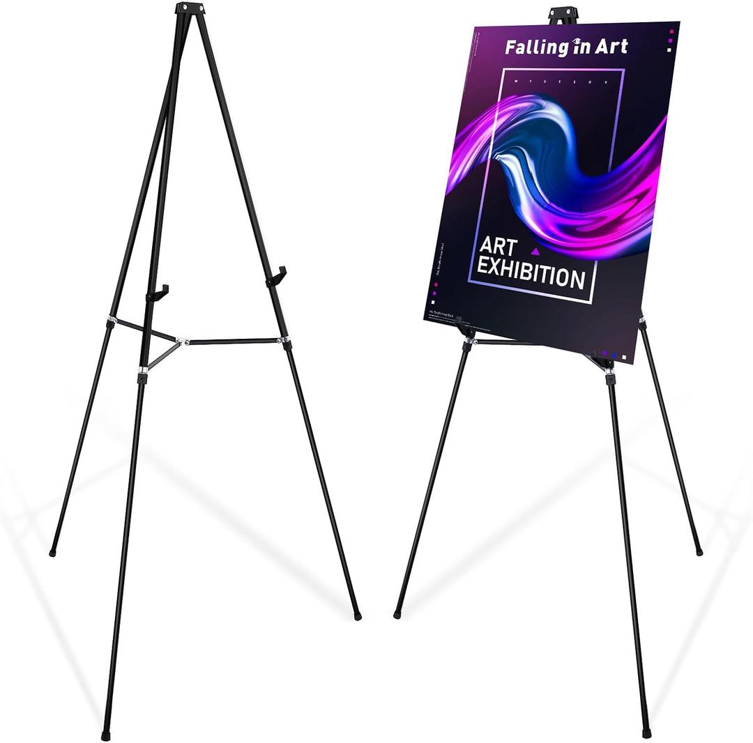 Falling in Art 63" High Black Aluminum Display Easel Stand, Large Adjustable Height Presentation Stand, Portable Tripod Holding Signs, Posters, and Whiteboards Up to 25lbs, 20 Inches X 3 Inches X 4 Inches