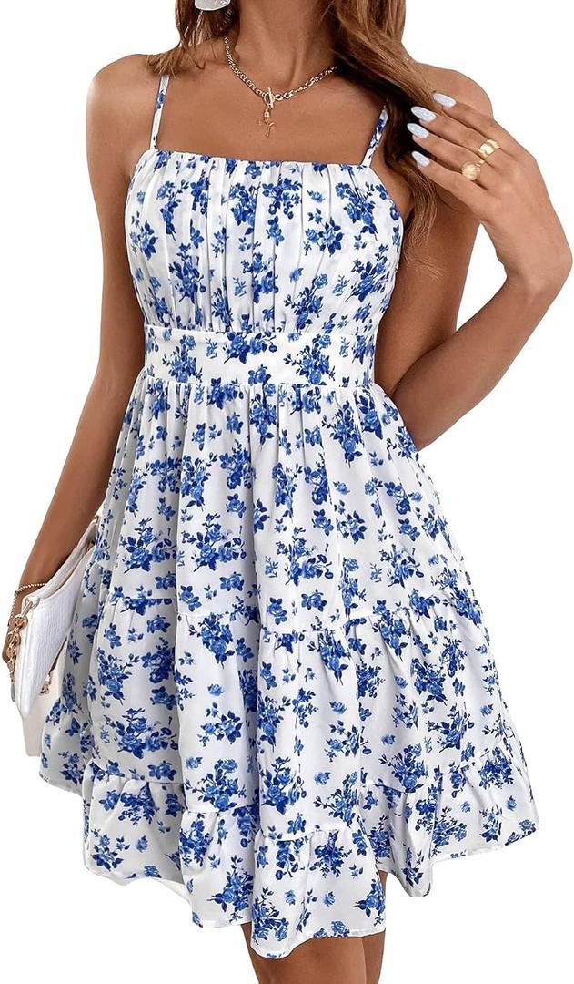 Verdusa Women's Floral Print Dress Cute Summer Mini Dresses Ruched Sleeveless Ruffle Hem A Line Cami Sundress (White, S)