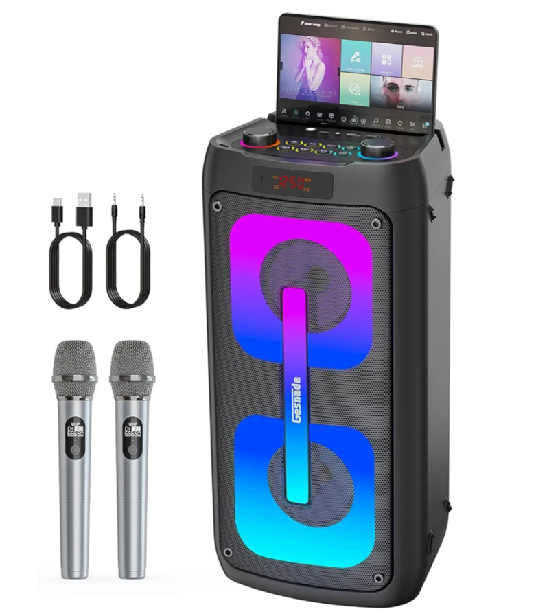 Karaoke Machine for Adults, Portable Bluetooth Speaker with 2 Wireless Microphones, Portable PA System with Disco Lights for Big Party, Outdoor, Ideal Gifts for Family, Music Lover