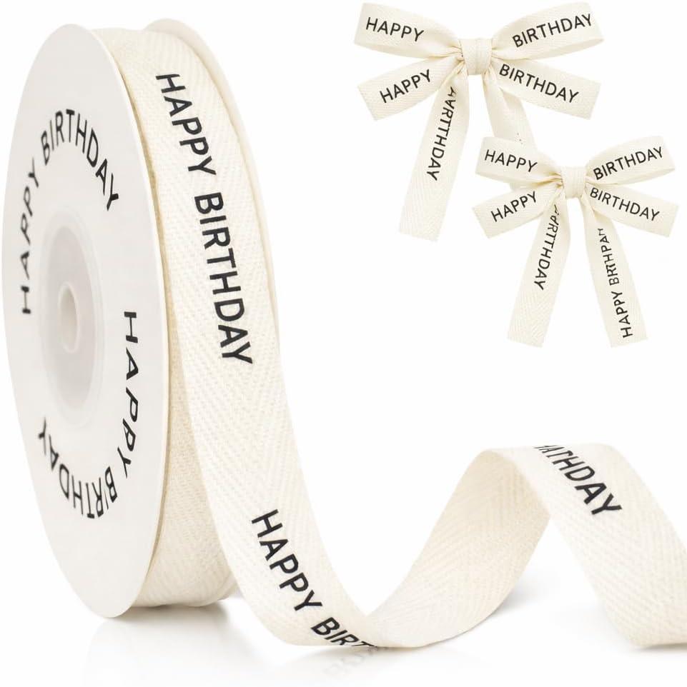 GCQQ Happy Birthday Cotton Ribbon - 5/8 Inch x 10 Yards Natural Twill Tape Herringbone Birthday Ribbons for Gift Cake Boxes Wrapping Baking Crafts Home Bouquet Decor