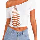 Hilinker Women Off The Shoulder Crop Tops Sexy Cut Out Ripped Short Sleeve Cropped T Shirts (White, M)