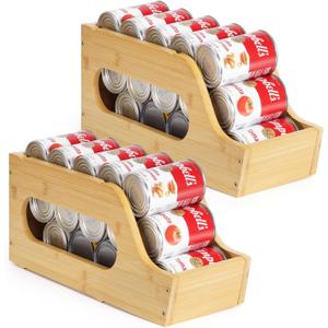2 Pack Bamboo Can Organizer for Pantry, Soda Can Dispenser Rack Drink Holders Stackable Canned Goods Storage for Pantry Kitchen Cabinet Up To 30 Cans