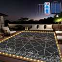 8x10Ft Outdoor Rug, Solar Powered Outdoor Rug with 113LEDs Strip Lights for House Deck, Waterproof Plastic Reversible Outdoor Straw Rugs, Rugs RV Camping Patio Courtyard Beach Picnic(Black Gray)