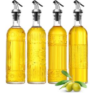 4 Pcs Olive Oil Dispenser Bottle for Kitchen,17oz Clear Glass Oil and Vinegar Dispenser Set, Coffee Syrup Dispenser with 4 Pourers and 1 Funnel (Style A, Silver)