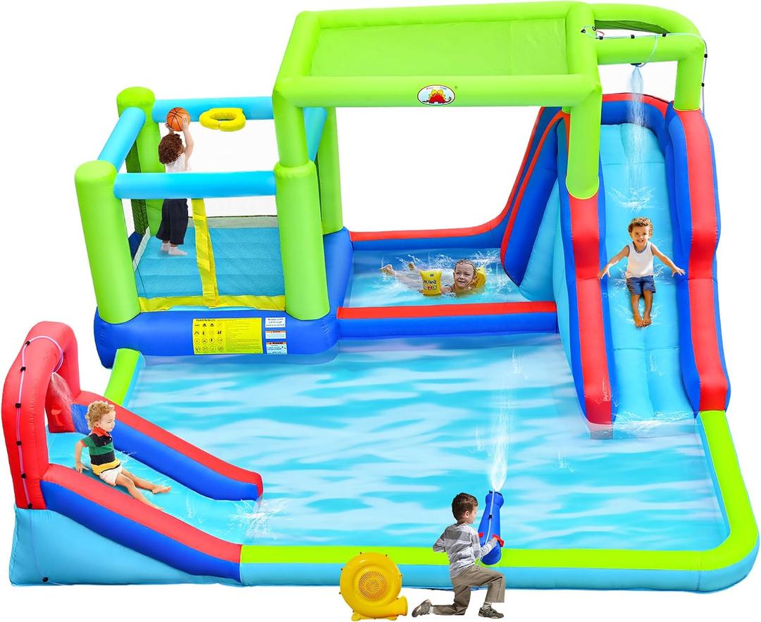 WELLFUNTIME Inflatable Water Slide & Water Park with Blower, Dual Bounce House Jumping Castle with Sunshade, Climbing Wall & Basketball Hoop, 176 x 171 x 84 inches