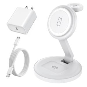 Charging Station for Apple Magnetic Wireless iPhone Mag-Safe Charger,15W 3in1 Foldable Wireless Dock Fast MagSafe Charger Stand for iPhone 17 Pro Max/16 Plus/16 ProMax/15/14/13,Apple Watch,AirPods Pro (1Pack, White)