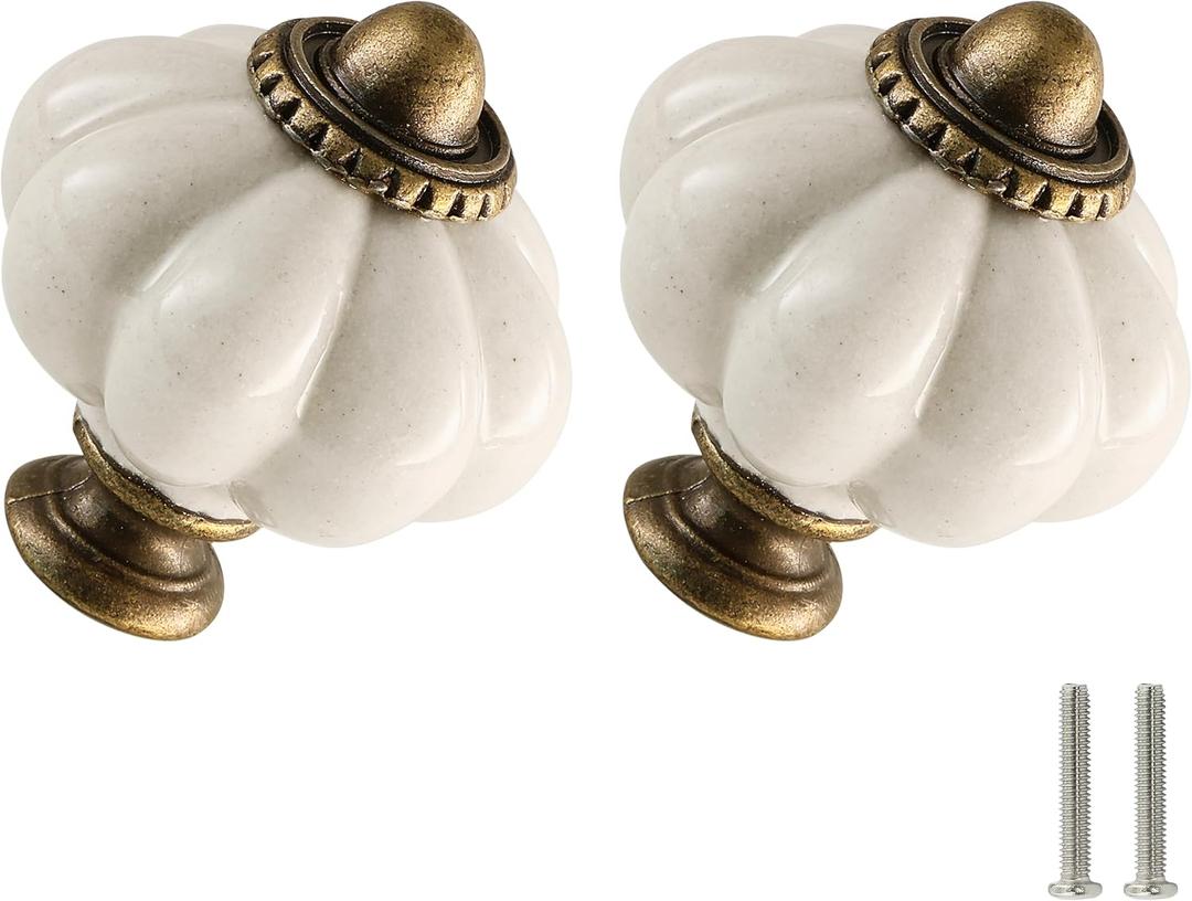 Antique White Pumpkin Knobs 12 Pack Ceramic Cabinet Knobs Vintage Drawer Pulls - Antique Dresser Pulls with Screws for Closet Drawer Cupboard Cabinet and DIY Home Project