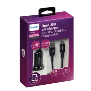 Philips Dual USB Car Charger with USB-A/USB-C Charge Cable