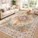 Area Rug 6x9 Vintage Rug: Washable Indoor Medallion Rugs Low Pile Distressed Floor Carpet Retro Accent Rug for Living Room Bedroom Kitchen Dining Table Home Office(Green/Yellow, 6'x9')